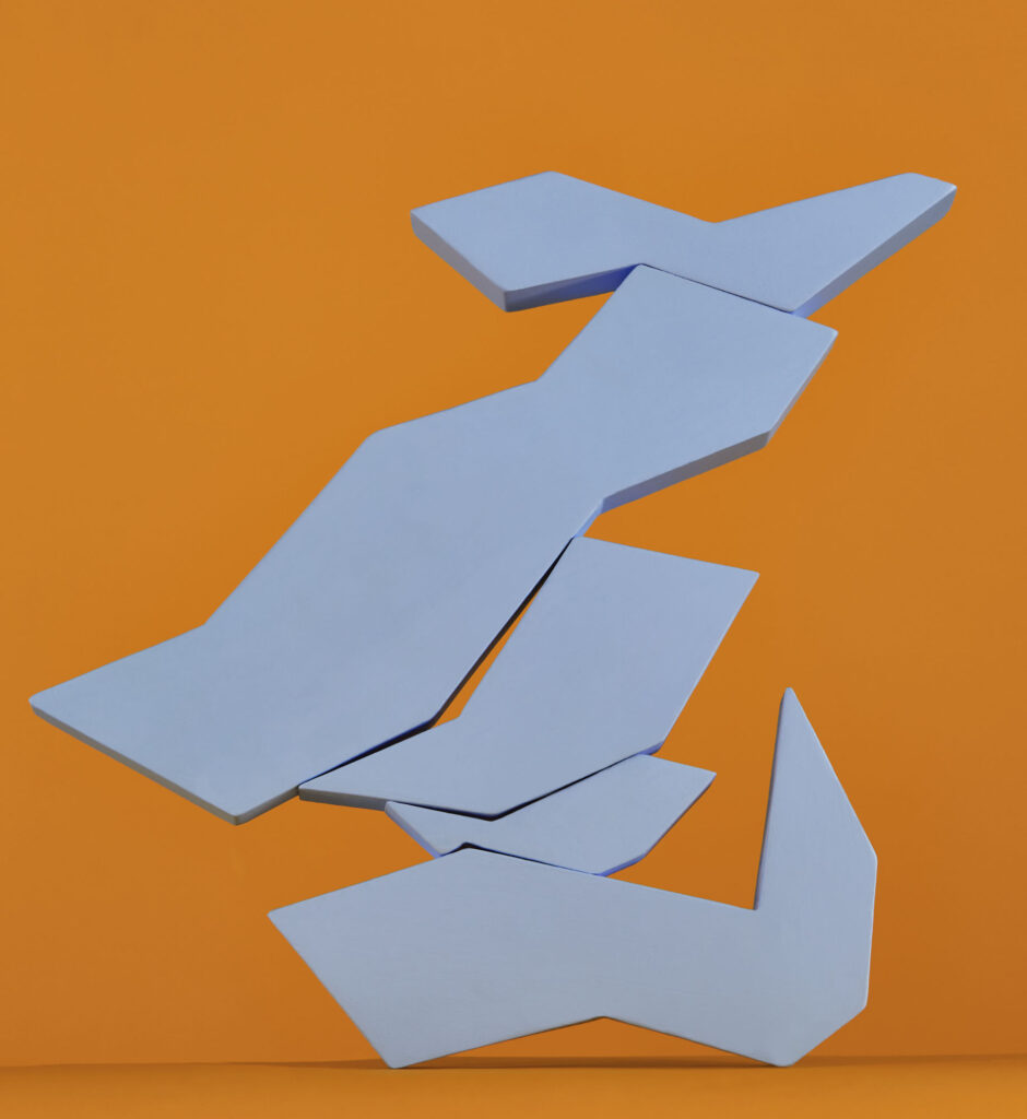 abstract geometric structure made from stacked balcony shapes on orange background