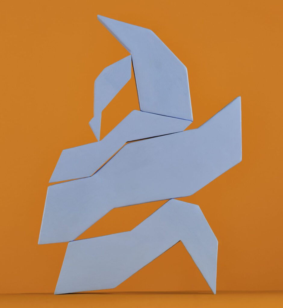 abstract geometric structure made from stacked balcony shapes on orange background