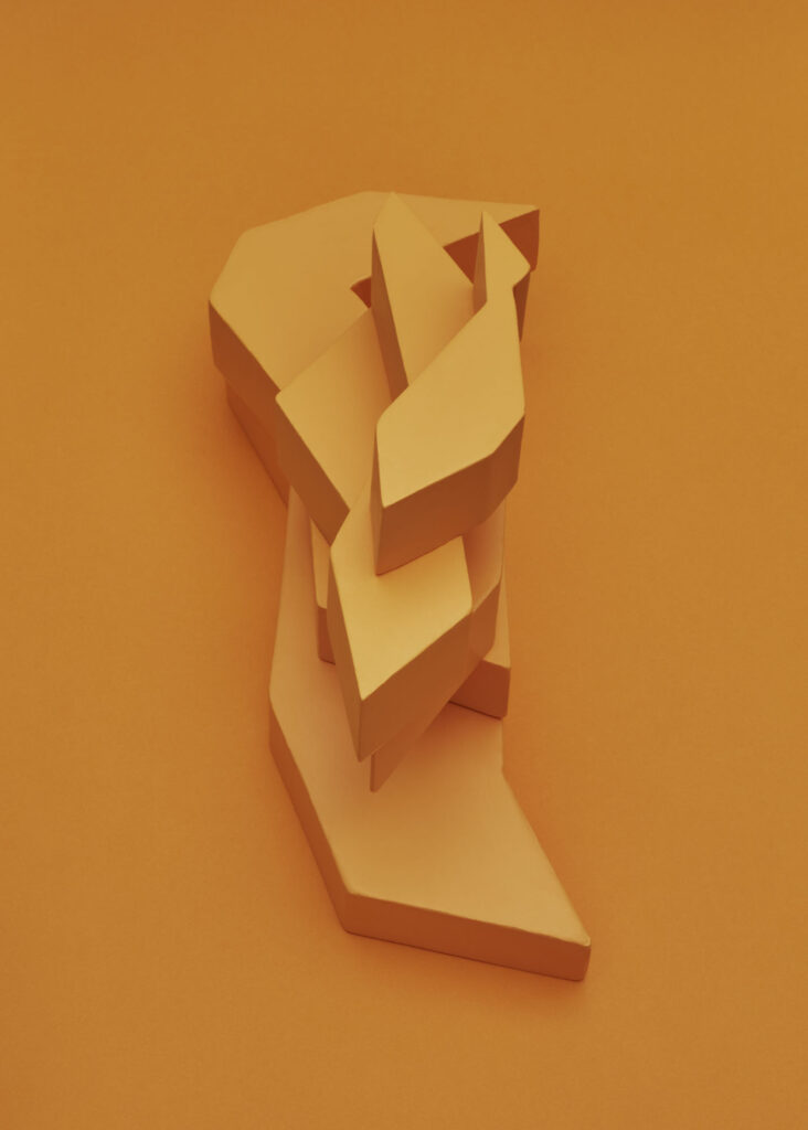 abstract sculptural form created from distorted balcony shapes on orange background