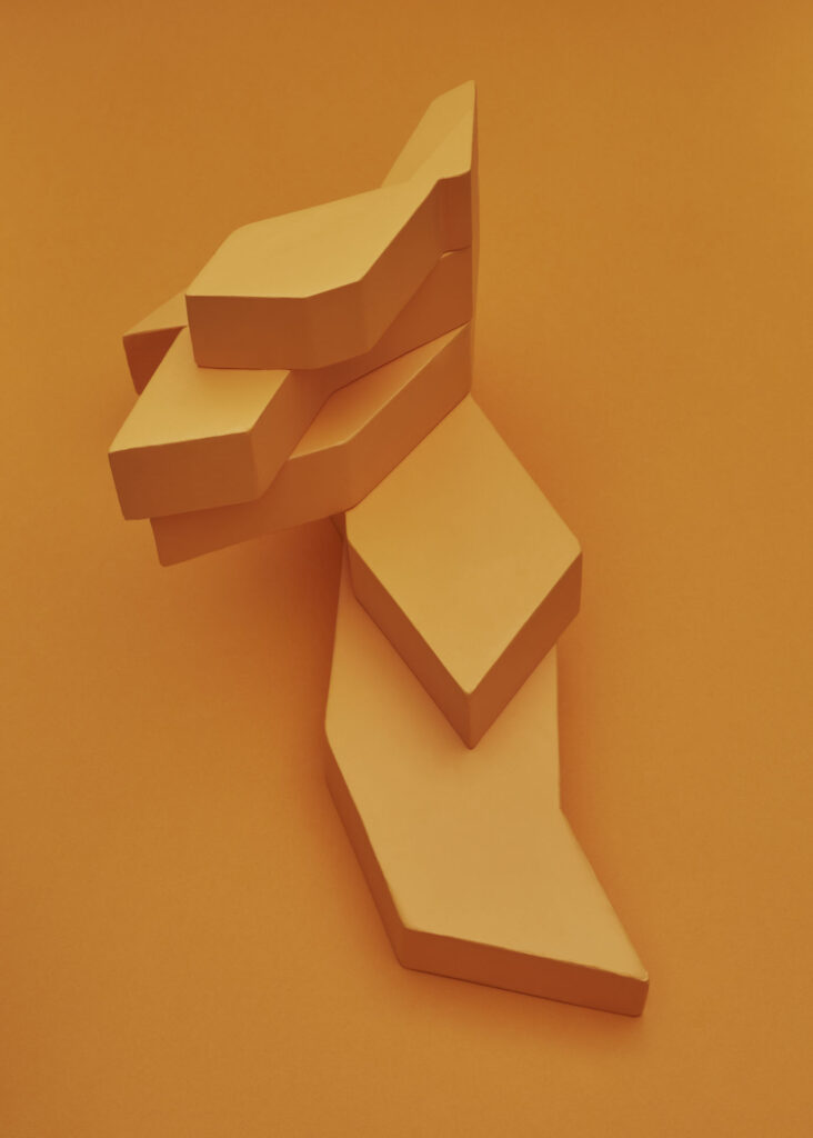 abstract sculptural form created from distorted balcony shapes on orange background