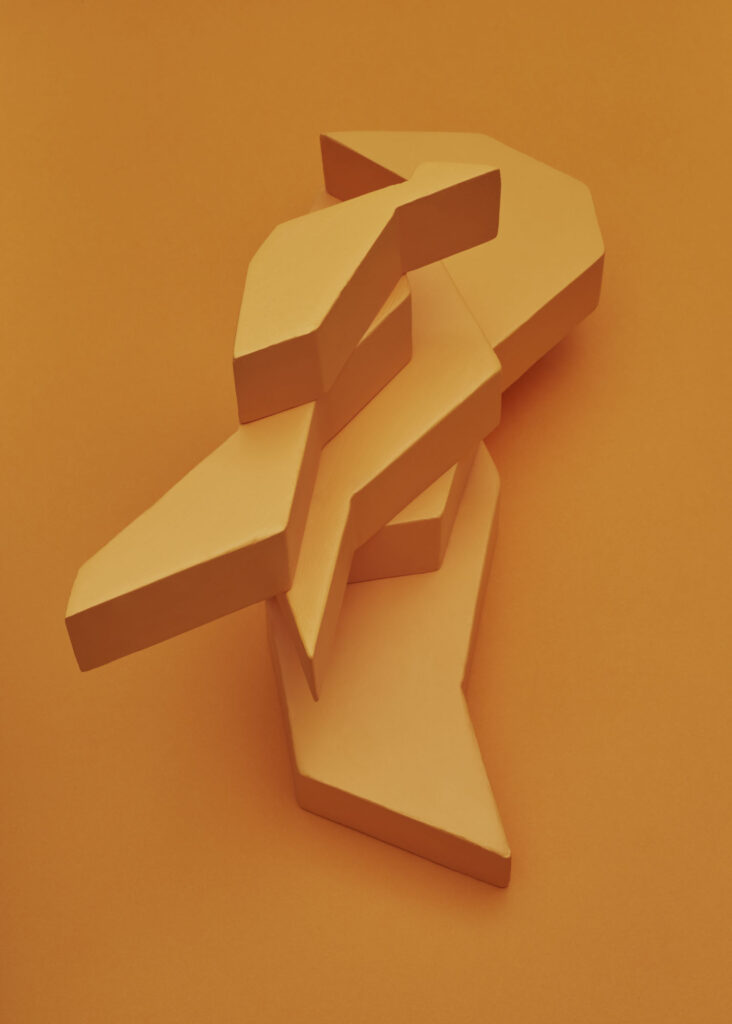 abstract sculptural form created from distorted balcony shapes on orange background