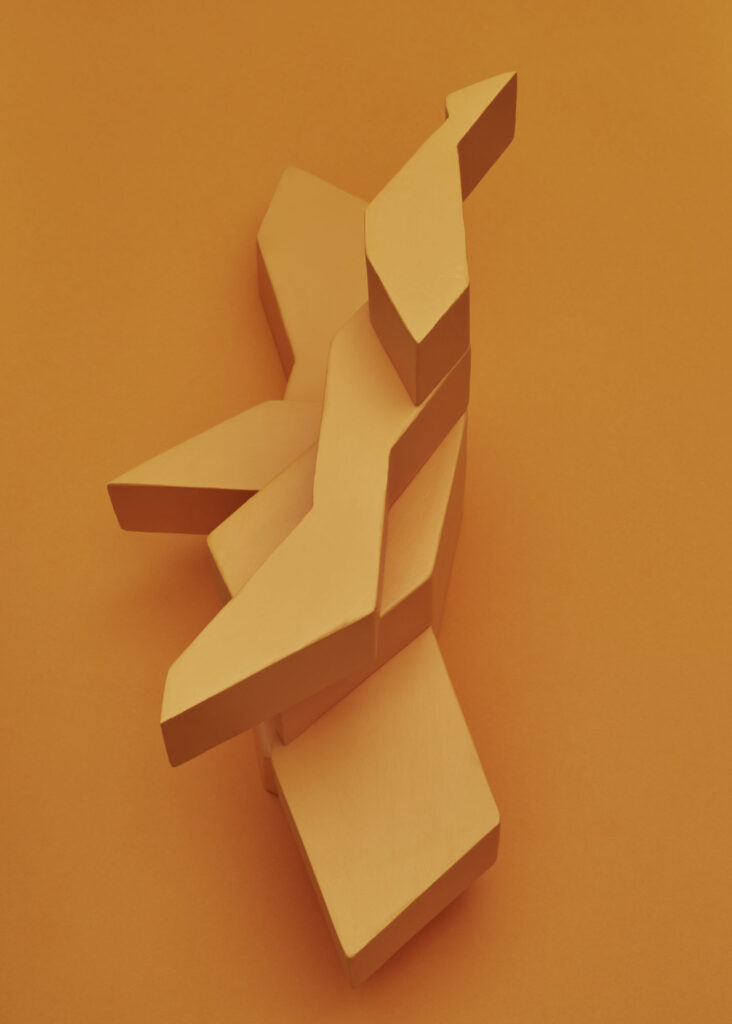 abstract sculptural form created from distorted balcony shapes on orange background