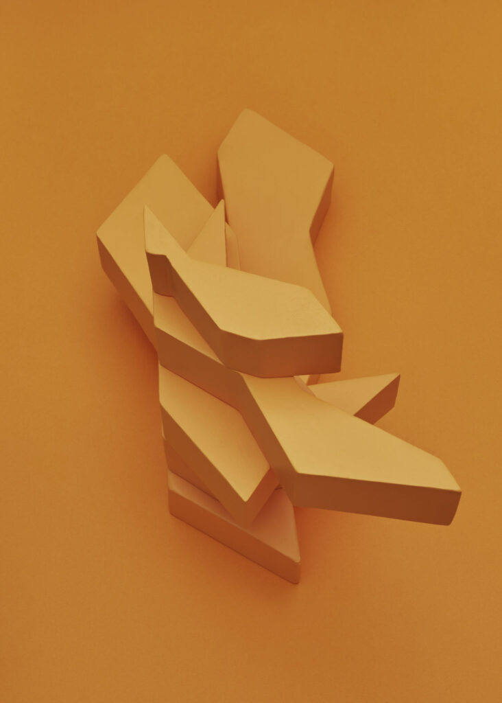 abstract sculptural form created from distorted balcony shapes on orange background